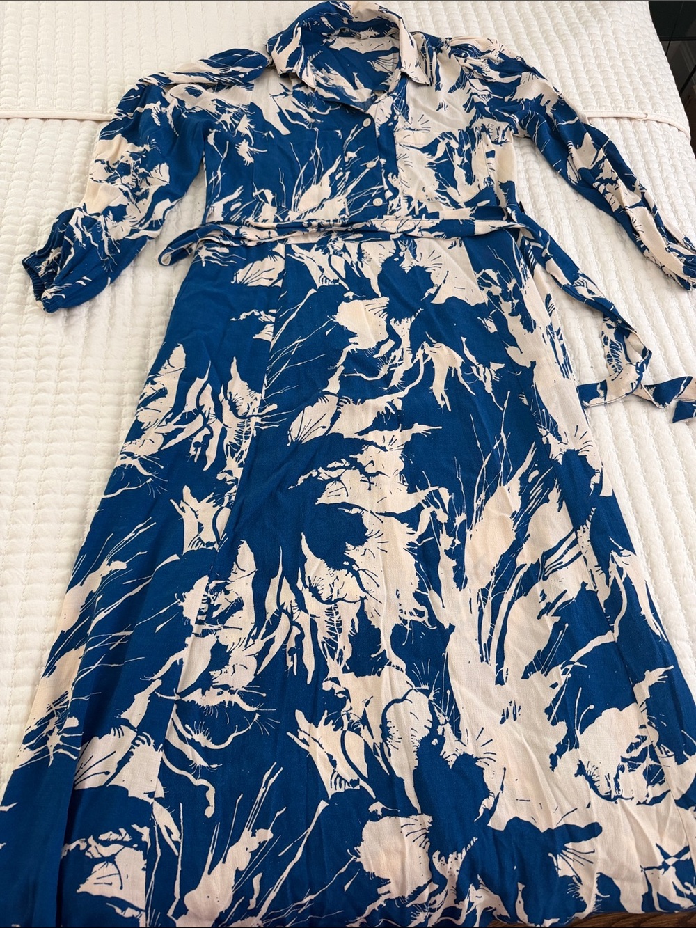 Blue and Cream Floral Shirt Dress with Tie Waist Zara